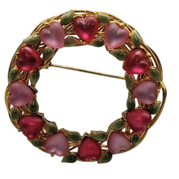 Heart & Leaf Brooch Gold Tone Twisted Wire Wreath Pink & Red Glass Rhinestones - Picture 2 of 9